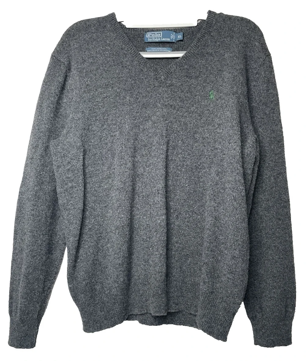 Polo Ralph Lauren Sweater Mens XL Gray 100% Lambswool V Neck Green Pony Logo